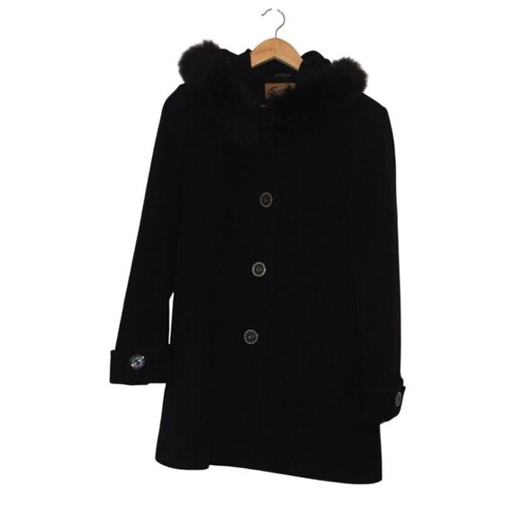 Sachi Collection Womens Wool Cashmere Coat Size Medium Fox Fur Trim Hood Old Mon - Picture 1 of 12